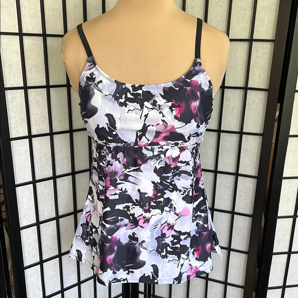 Abstract Floral Tankini Top w/ Adjustable Black Straps M/L